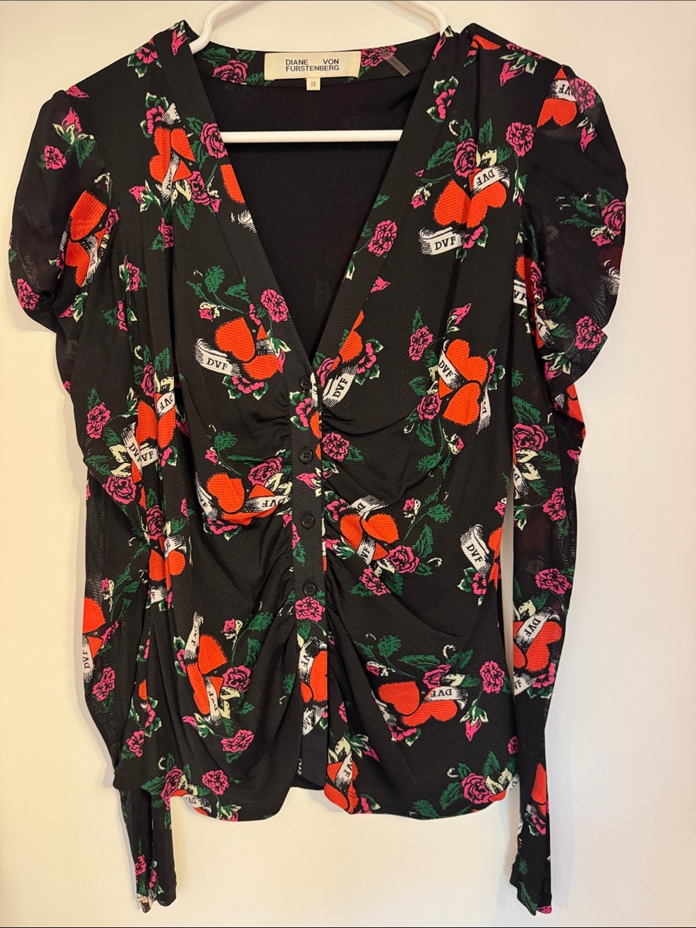 Diane Von Furstenberg Black Blouse with Red Heart & Pink Floral Print